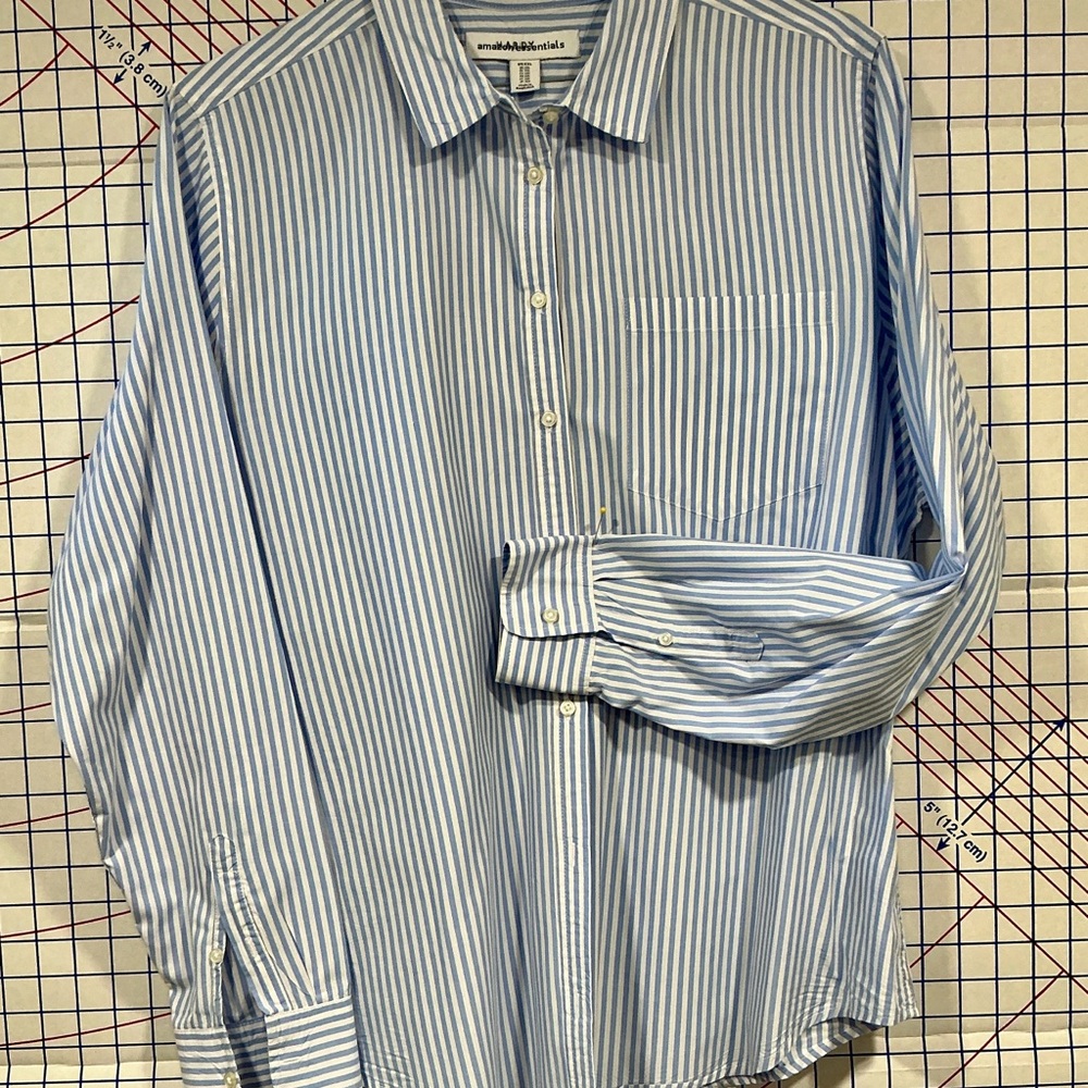 Amazon Essentials Women's Blue Striped Button Down Shirt